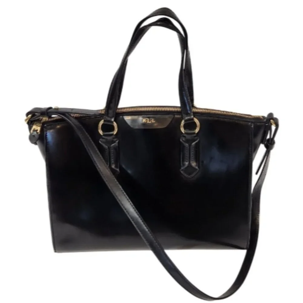 LRL RALPH LAUREN GLAZED LEATHER SATCHEL HAND BAG with GOLD Logo HARDWARE - Picture 2 of 16